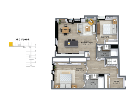 Floor plan for 2 beds, 2 baths, 1180 sqft